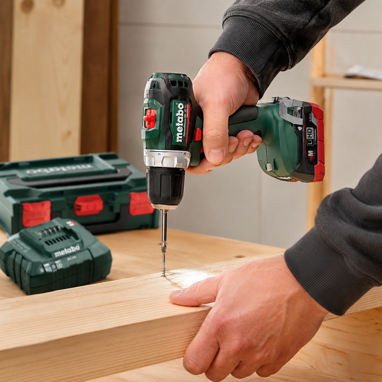 Wiertarka Metabo PowerMaxx BS 12 BL podczas wiercenia w drewnie