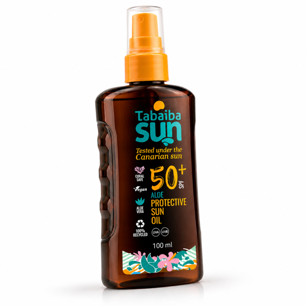 Boczne ujęcie kosmetyku Tabaiba Sun Oil pokazujące formę opakowania