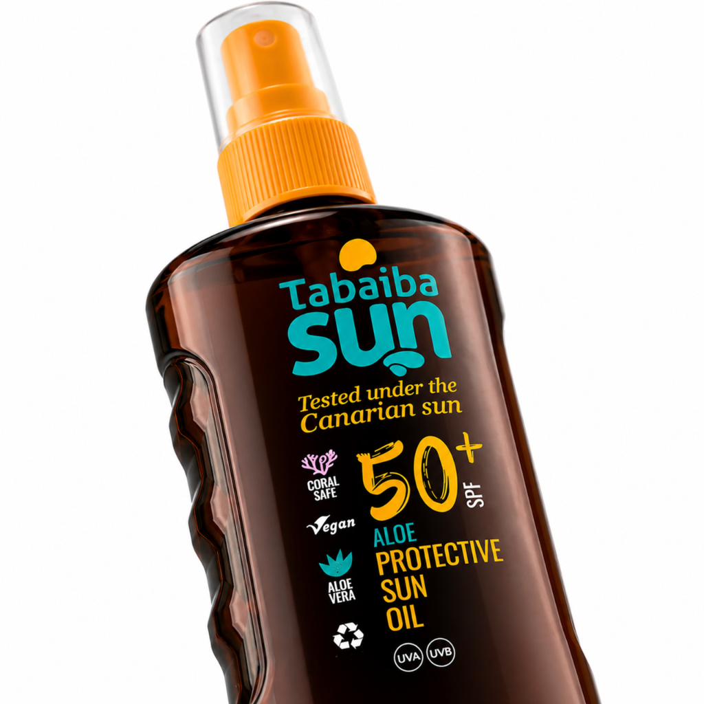 Detal etykiety Tabaiba Sun Oil z oznaczeniami SPF 50+, Vegan i Coral Safe