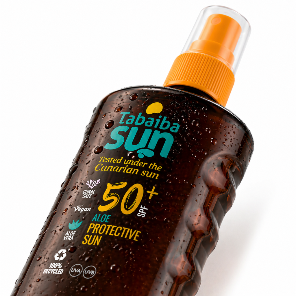 Kontekstowe zdjęcie kosmetyku Tabaiba Sun Oil z kroplami wody do galerii produktu